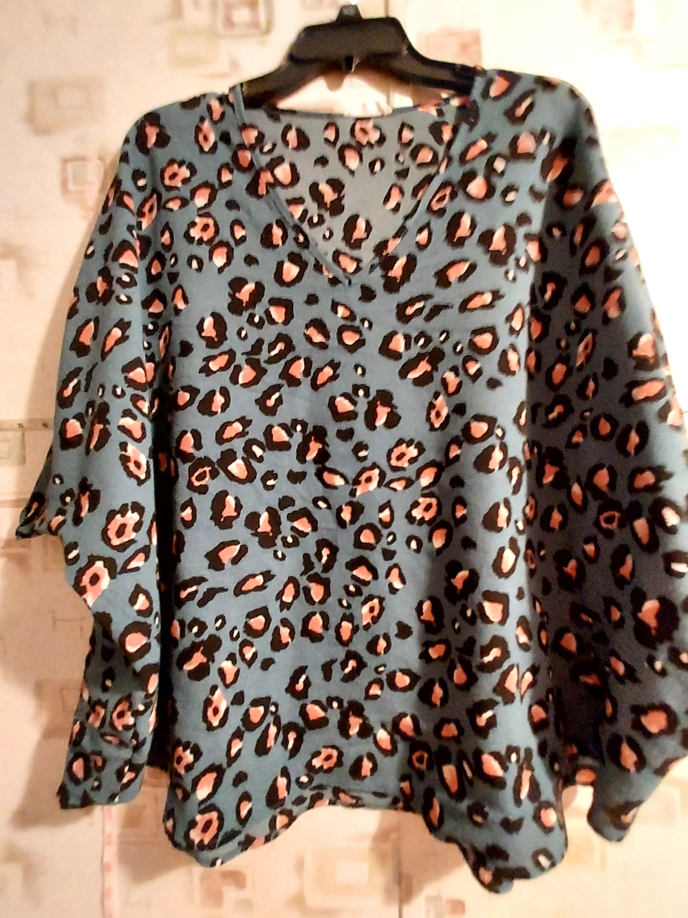 Adrienne Leopard Print Poncho Tunic Top Blouse Blue & Pink